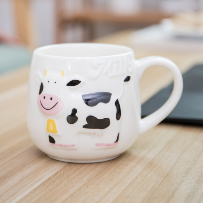 Ceramic Mug White Painted Cartoon 3D Animal Creative Relief Cow Brown Large Milk Breakfast Cup
