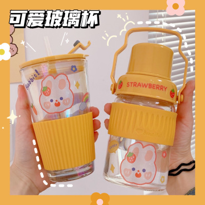 Ins Wind Belt Straw Glass Cup HeatResistant Goodlooking Water Cup Female Creative Boys Portable Internet Celebrity Cup