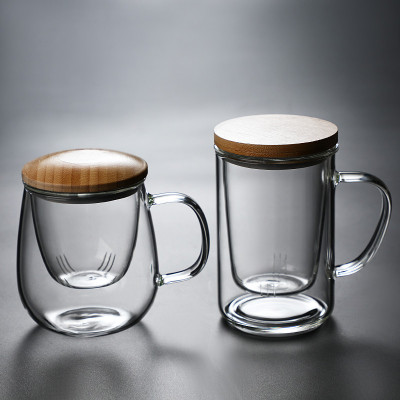Resistant Tea Water Separation Tea Cup Bamboo Cover Glass Tea Cup with Handle Three Cups Office Filter Household Cups