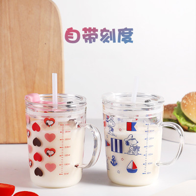 Snoopy Glass Single-Wall Cup with Handle Cup with Straw Borosilicate Glass Juice Drink Cup Household Scaled Milk Cup