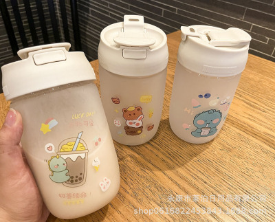 New Student Coffee Cup Portable Straw Style Double Drink Frosted Glass Water Glass Female Cute Handy Cup with Lid