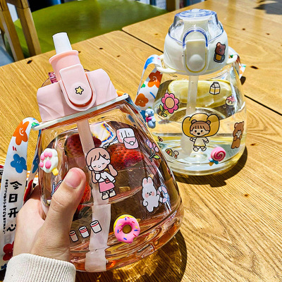 Capacity Water Cup Female Student Goodlooking Straw Cup Children Cute Plastic Kettle Internet Celebrity Big Belly Cup 1L