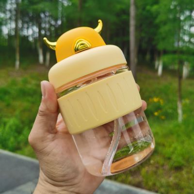 Cup with Straw Small Horn Cartoon Glass Cup Creative HotProof Water Cup Internet Celebrity Ins Style Cute Student Cup