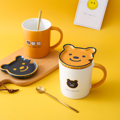 Bear Mug Cute With Cover Spoon Ceramic Water Cup Men And Women Creativity For Couple Breakfast Oatmeal Coffee Cup