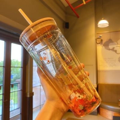 Autumn Maple Leaf Fox Cup with Straw Double Layer Glass Cup Coffee Cup Cup with Straw with Lid Large-Capacity Water Cup