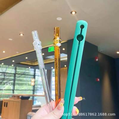 Style Limited Black Bear Stone Tiger Shape Cute Thick Glass Straw with Silicone Protective Cover with Straw Brush Set