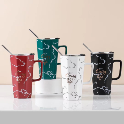 New Large Capacity Straw Marbling Ceramic Cup Creative Glass Office Mug