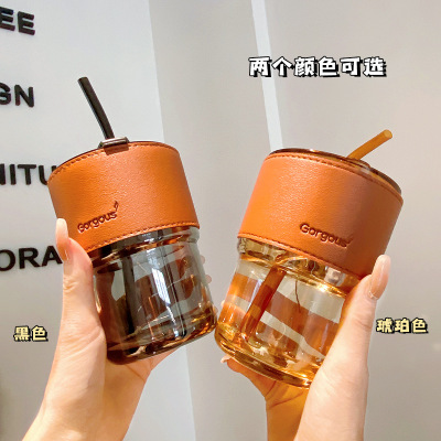 Lights Bamboo Joint Cup Straw Style Glass Water Cup Ins Style Girl Goodlooking Cold Extraction Coffee Cup Brown with Lid
