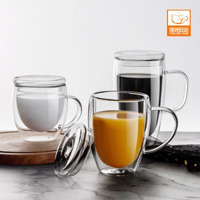 Creative Glass DoubleLayer Cup Transparent Double Layer Juice Cup Thickened with Cover Coffee Cup Double Layer Milk Cup