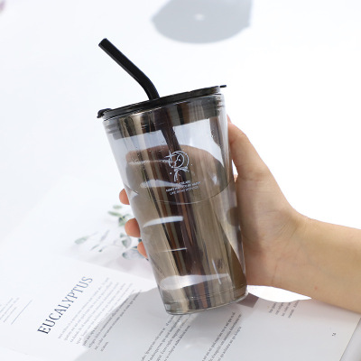 Lights Water Cup Straw Glass Women's Household Large Capacity with Lid Goodlooking Coffee Ins Style Drinking Cup