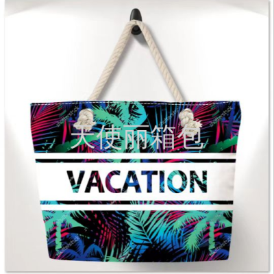 Seaside Vacation Style Large Capacity Beach Bag Double-Sided HD Printed Hemp Rope Canvas Bag Women's Tote