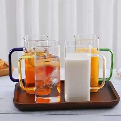 Glass Ins Goodlooking Square Water Cup Home Color Handle Breakfast Cup Internet Celebrity Transparent and Creative