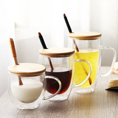 DoubleLayer Insulated Glass Cup with Handle DoubleLayer Mug Transparent Coffee Juice Milk Water Glass