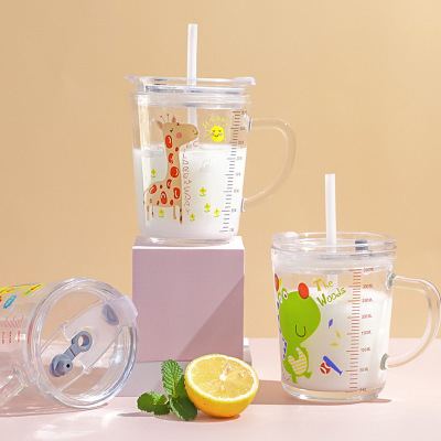 Glass Household Children's Cups with Lid Cup with Straw Children's Summer Cute Scaled Milk Cup Tea Cup Drinking Cup