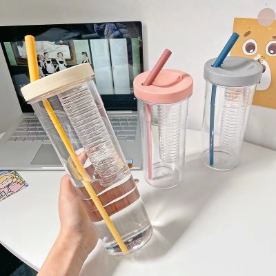 Cup with Straw Xiaohongshu Ins Internet Celebrity Dry Wet Separation Lemon Filter Student Plastic Water Cup Straight Cup