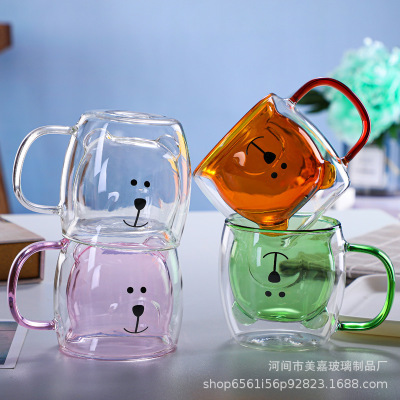 Factory Wholesale Double Layer Glass Cup with Handle Bear Cake Towel Household Coffee Cup Drinking Cup Milk Juice Cup