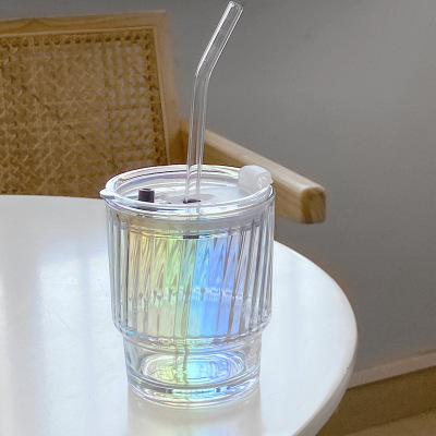 Korean Ins Style Colorful Glass Girl Heart Glass Straw Cup Internet Celebrity Bamboo Glass Glass Glass Glass Cup