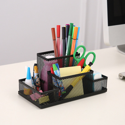 Iron Mesh Four-Grid Multi-Functional Pen Holder Color Creative Pen Container Desktop Storage Box Stationery and Office Supplies