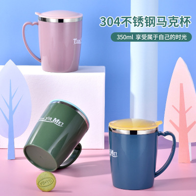Stainless Steel Water Cup Ins Style Nordic Style Mug with Lid DoubleLayer Heat Insulation Kid's Cup OnePiece Delivery