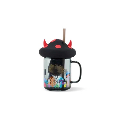 Halloween Cute Devil Horn Mushroom Tea Strainer Modeling Mason Glass Handle Straw Cup High Temperature Resistance