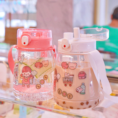 Celebrity LargeCapacity Water Cup Women's Summer 2021 New Big Belly Cup Drink Straw Strap Cute Sticker Plastic Cup