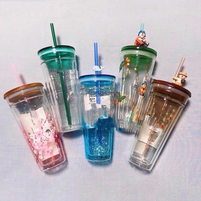 Bear DoubleLayer Cup with Straw Cherry Blossom Straw Cup Glass Insulated Cup Cool Drinks Cup Milk Tea and Coffee Cups