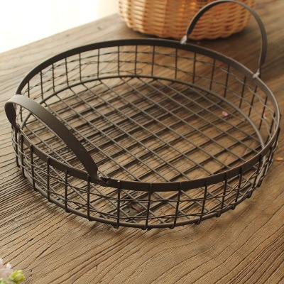 Double-Ear Hand-Knitted Iron Bread Plate Fruit Basket Sundries Desktop Storage Basket Storage round Handle Basket