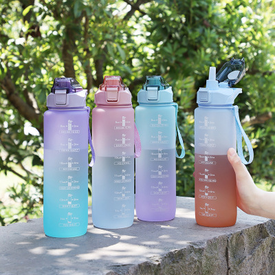 Cross-Border Large Capacity Portable Plastic Cup Rope Holding Frosted Gradient Color Straw Sports Kettle Girls Fitness Sports Bottle