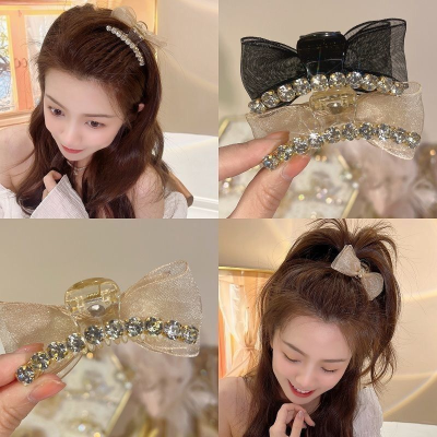 Bow Claw Clip Tiktok Same Style Ins Shark Clip Summer Bangs Cropped Hair Clip Affordable Luxury Style with Diamond AB Surface Headdress