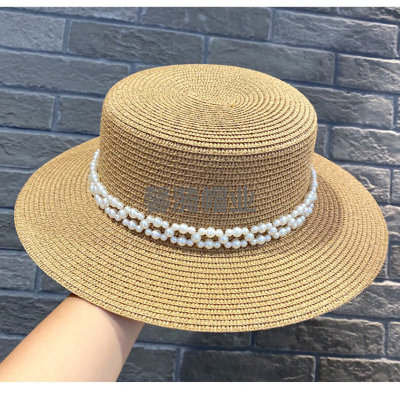 French Hepburn Style Straw Hat Women's Summer Flat Top Internet Influencer Pearl Hat Small Fresh Wide Brim Top Hat Sun Protection Sun Hat