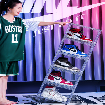 Large Plastic Shoe Box Transparent and Dustproof Magnetic Door Football Wall High-Top Basketball Shoes a Sneakers J Hand-Made Storage Box