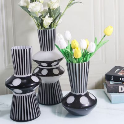 Black and White Stripes Geometric Glass Vase Flower Decoration Modern Nordic Home Model Room Soft Decoration Supplies