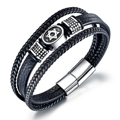 Man Bracelet Fashionable AllMatch MultiLayer Woven Leather Bracelet SixPointed Star Titanium Steel Leather Bracelet
