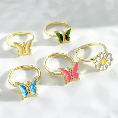 Rotatable Flower Butterfly Ring Adjustable Open Ring Circle Rotating Five Petal Flower Ring Female Fashion