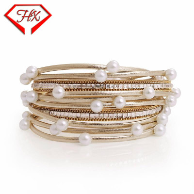 Cross-Border New Arrival Pearl PU Leather Bracelet Hot Accessories Amazon EBay Women's Diamond Bangle Bracelet Magnet