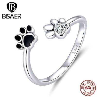 Bissal Original Cute Pet Mark Sterling Silver S925 Open Ring Black Oil Dripping Cat Dog Paw Ring Bracelet