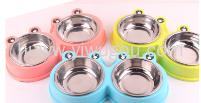 Pet Bowl Cartoon Frog Stainless Steel Double Bowl