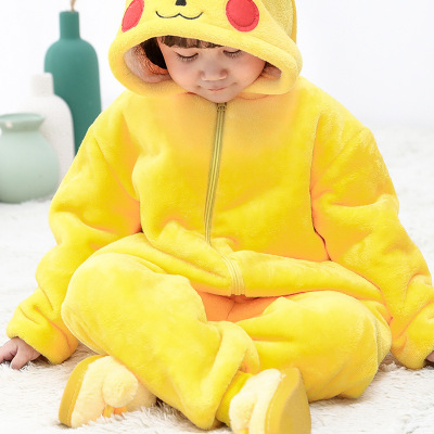 Composite Children Dinosaur One-Piece Pajamas Flannel Cartoon Animal Pikachu Performance Clothes Toilet Version Thickened Set