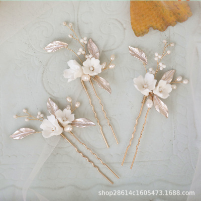 Ceramic Flower Hairpin Export Quality Natural Pearl Handmade Elegant High-End Bridal Headdress Hairpin