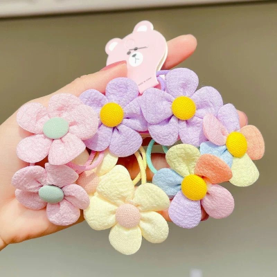 New Children's Cute Colorful Five Faces Cloth Flowers Hair Rope Baby Does Not Hurt Hair Simple and Beautiful Rubber Band Little Princess Hair Rope