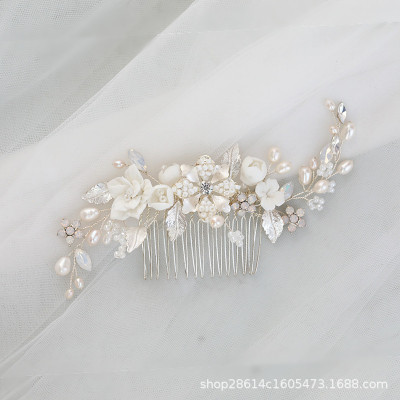 Opal Rhinestone Ceramic Flower Long Hair Comb Natural Pearl Headdress European and American Style Factory Direct Sales