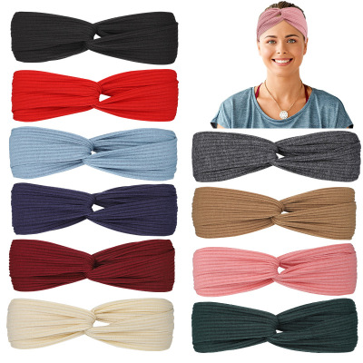 Knitted Hair Band Solid Color Elastic Cross Sports Headband Girls Makeup and Face Wash Sweat-Absorbent Bandeau Headscarf