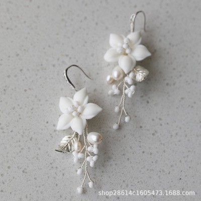 Diamond Silver Gold White Flower Freshwater Pearl Bridal Earrings Earrings European and American Popular Jewelry