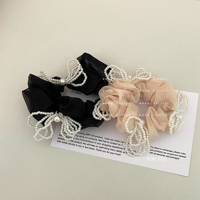 Korean French Super Fairy Tulle Large Intestine Pearl Bow Heavy Industry Hair Ring Hair Rope Female Niche Design