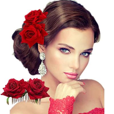 Sale Double Flannelette Rose Hair Comb Bride Hair Braiding Hair Comb Wine Red Curling Simulation Flower Headwear Female