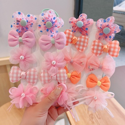 10-Piece Set ~ Children Headwear Bow Flower High Elastic Rubber Band Cute Princess Pink Mesh Plaid Hair Accessories