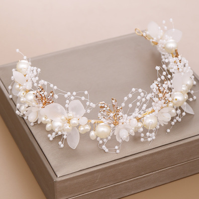 Tuan Mingxin Niang Hair Band New Pearl Flower Hair Band Hand-Woven Golden Leaf Headdress Children Headwear