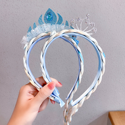 Frozen Princess Headband Children's Wig Braid Hair Band Cute Bow Mesh Crown Hair Accessories