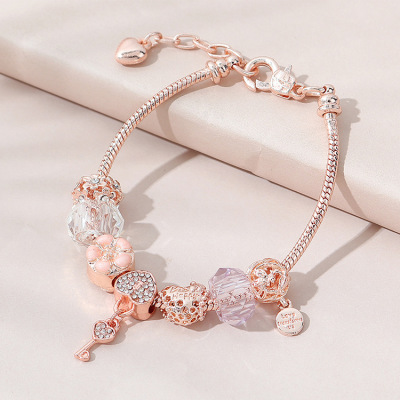 French Drop Oil Rose DIY Beaded Bracelet Cross-Border Fashion Hollowed-out Diamond-Embedded Flower Heart Panjia Bracelet