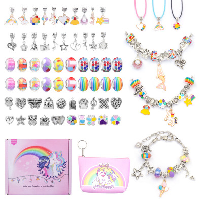 and American Cartoon Unicorn Children Crystal Creative DIY Handmade Bracelet Wax Rope Necklace Hand Jewelry Gift Set